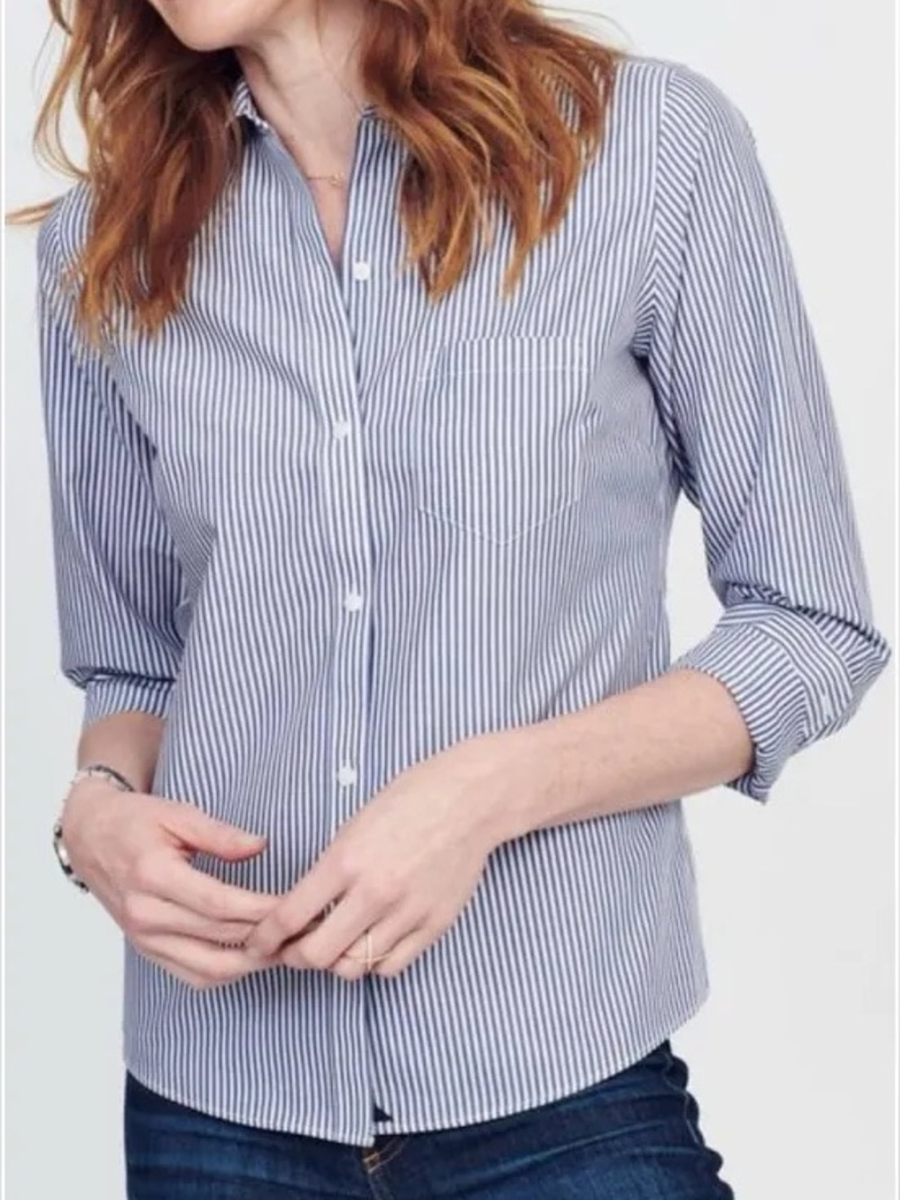 Untuckit Marsanne Navy Blue White Stripe Wrinkle Free Long Sleeve Button Shirt 2